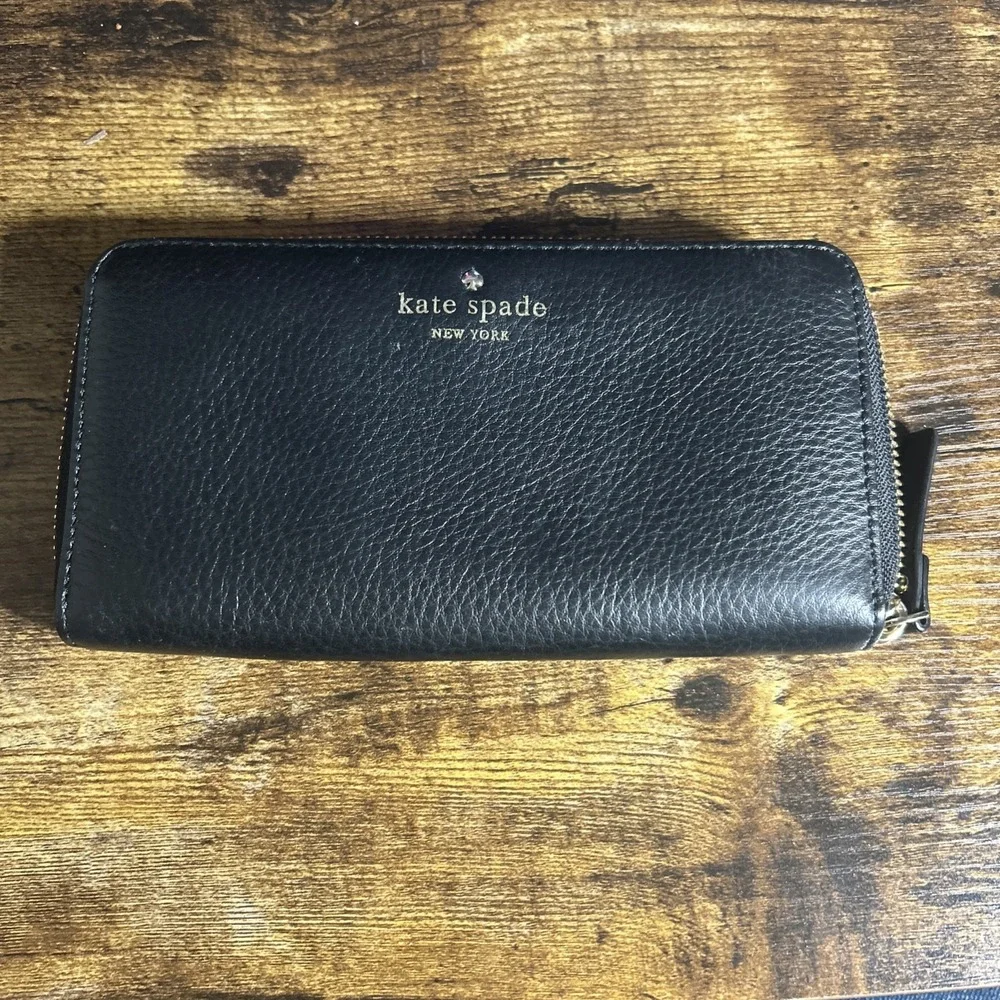 Kate Spade Pebble Leather Black Zip Around Wallet Large